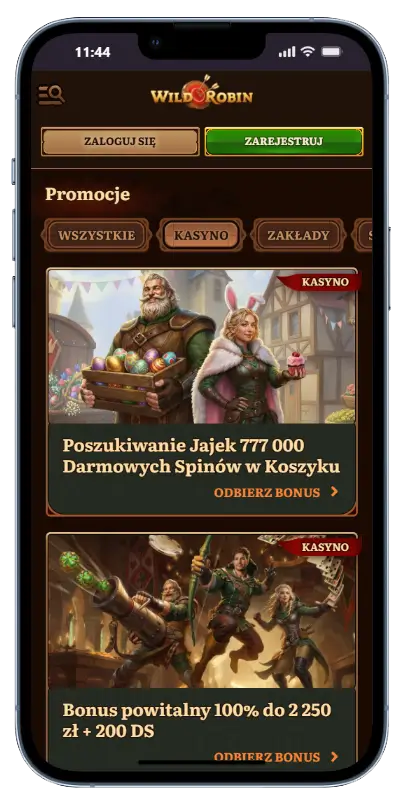 Wild Robin Casino – aktualne promocje i bonusy Strona promocji kasyna Wild Robin z ofertą Poszukiwania Jajek 777 000 Darmowych Spinów oraz bonusem powitalnym 100% do 2250 zł i 200 darmowymi spinami