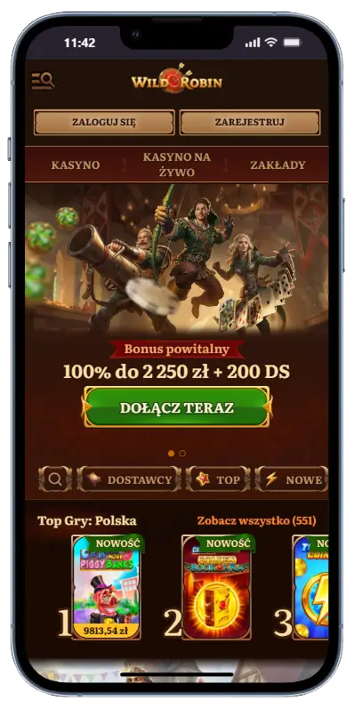 Wild Robin Casino – mobilna strona główna Strona główna kasyna Wild Robin na urządzeniu mobilnym z banerem powitalnym 100% do 2250 zł + 200 darmowych spinów i przyciskiem Dołącz Teraz