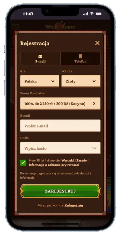 Wild Robin Casino – rejestracja nowego konta Formularz rejestracji w kasynie Wild Robin z polami na e-mail i hasło, wyborem kraju Polska i waluty Złoty oraz aktywnym bonusem powitalnym 100% do 2250 zł