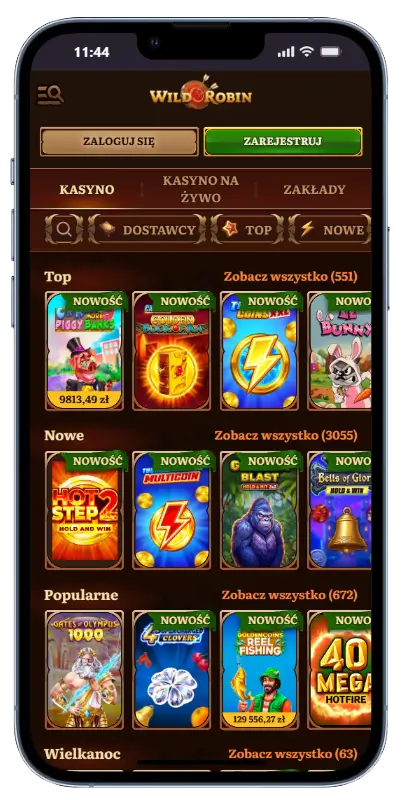 Wild Robin Casino – katalog automatów do gry Sekcja gier w kasynie Wild Robin z automatami podzielonymi na kategorie Top, Nowe i Popularne, w tym tytuły takie jak Gates of Olympus 1000 i Golden Coins Fishing